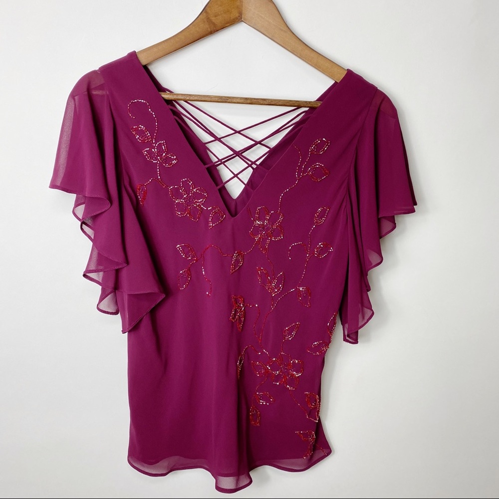 Adrianna Papell Sheer Flutter Sleeve Beaded Top 10